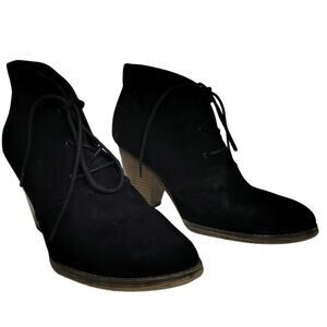 Mia Shayna Lace Up Ankle Bootie Black Faux Suede Wood Stacked Heel Size 9M Women